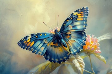 Graceful blue and yellow-winged butterfly animal insect flower