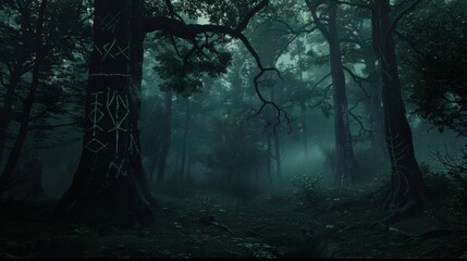 A dark forest shrouded in mist where ancient trees bear markings of mysterious runes glowing with otherworldly energy. . .