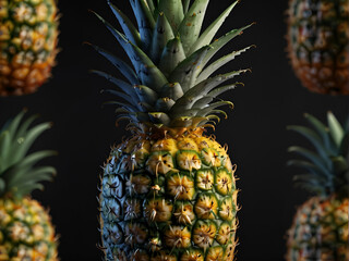 A cluster of pineapples, natural fruit produce, rests on a table