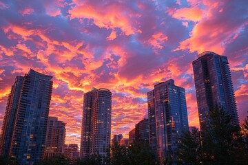 Fototapeta premium Vibrant sunset silhouette of modern city skyscrapers against colorful urban skyline