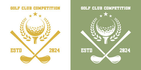 Golf club emblem logo icon illustration. Silhouettes of sports teams golf competition championship arena match win tournament. Simple minimal vintage old classic design symbol ball ribbon leaf stamp.