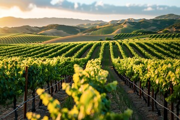 A sun-kissed vineyard nestled in the rolling hills of wine country, rows of grapevines stretching towards the horizon under the azure sky