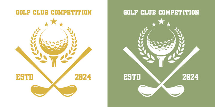 Golf club emblem logo icon illustration. Silhouettes of sports teams golf competition championship arena match win tournament. Simple minimal vintage old classic design symbol ball ribbon leaf stamp.