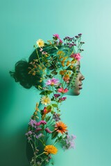 Photo of female silhouette made of summer flowers on bright  green background. Minimalistic summer composition. 