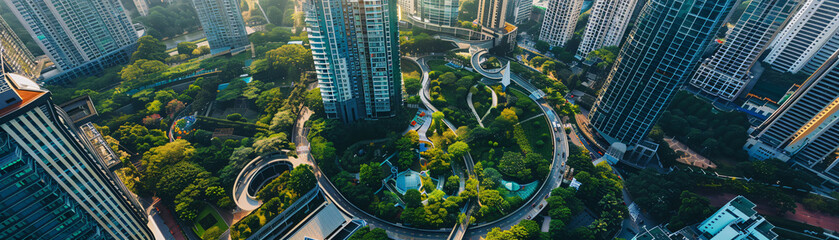 A panoramic view of a green architecture masterpiece, serving as a model for sustainable urban development in a bustling city