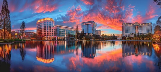 Urban skyline mirrored in serene river, creating a captivating reflection in the tranquil waters - obrazy, fototapety, plakaty