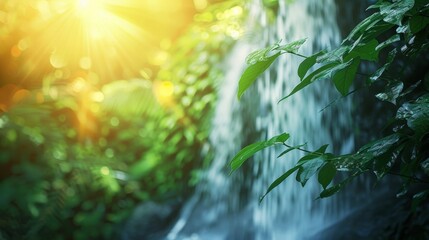 Softly defocused background image of a cascading waterfall with the vibrant greens of the surrounding foliage illuminated by the warm glow of the suns rays trying to break through .