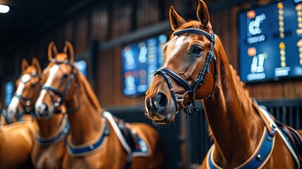 Three horses standing in a stable, ready to be ridden. - obrazy, fototapety, plakaty