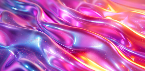 Fototapeta premium 3D render of a colorful iridescent holographic background. Colorful abstract fluid liquid waves with a hologram effect, holography, a shiny wavy cloth texture.