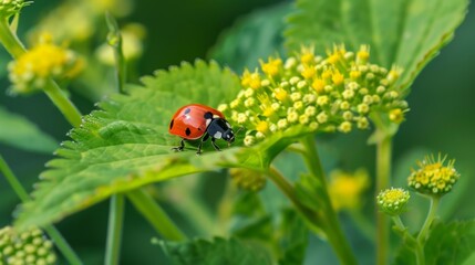 Obraz premium A vibrant red ladybug crawling on a green leaf stopping to drink from the delicate yellow flowers that adorn it..