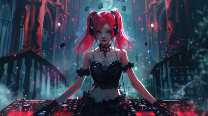 Mysterious red hair anime woman style with DJ music character background wallpaper AI generated image - Powered by Adobe