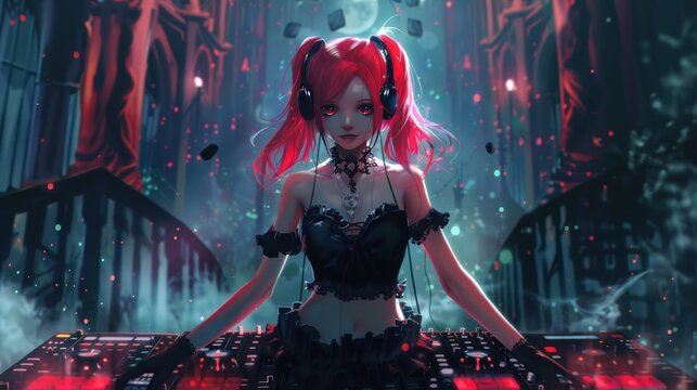 Mysterious red hair anime woman style with DJ music character background wallpaper AI generated image