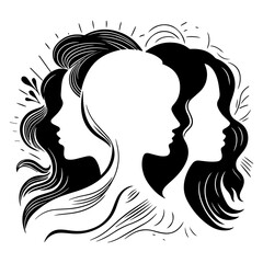 Silhouettes of three women in profile. Concept for equality, international women's day, activism, feminism. Black and white vector illustration. Isolated.