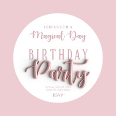 Invitation card for birthday party celebration. Banner with in pink pastel colours background, 3d. Birthday party announcement