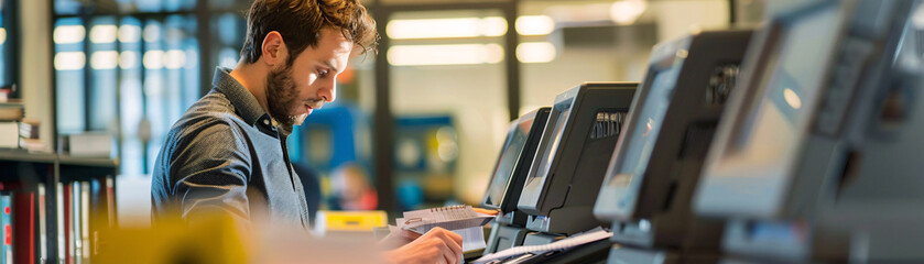 An office worker at a photocopier, scanning paperwork, reflecting the fast-paced environment and the importance of job efficiency