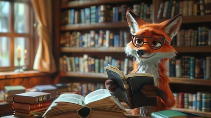 Anthropomorphic fox reading a book with glasses in a library. Digital artwork for storytelling, education theme, and cozy reading space concept.