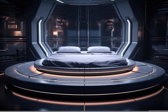 A photo futuristic bedroom with a levitating bed and customizable ambient lighting, AI Generative