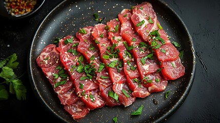 top view in the center of a plate of sliced meat.