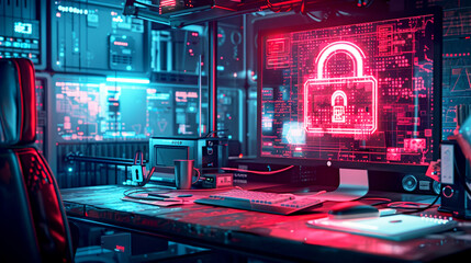3D rendering of a digital security system on a computer screen in an office with a red padlock icon