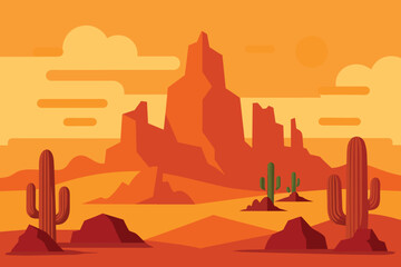 Desert landscape vector illustration. Scenery of rock desert with cactus and butte stone. Wild west desert panorama for illustration vector - obrazy, fototapety, plakaty