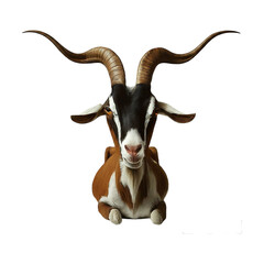A goat with large horns is shown on a white background.
