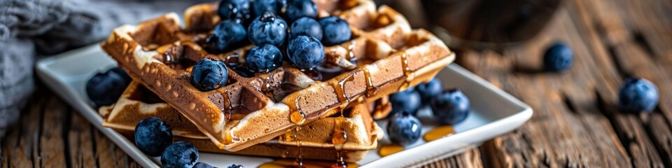 Delicious chocolate and maple syrup fresh baked waffles morning breakfast with blueberries topping.