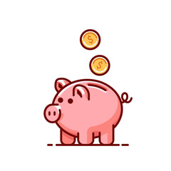 Piggy bank illustration with gold coins, savings and investment concept, simple line art on white background. Flat vector in cartoon style.