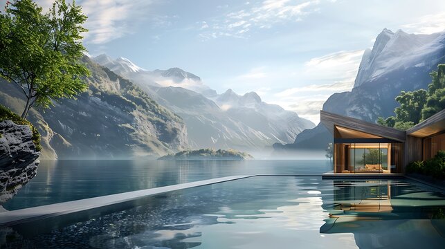 A tranquil lakeside retreat, framed by majestic mountains and mirrored in the crystal-clear waters below, offering a moment of serene reflection