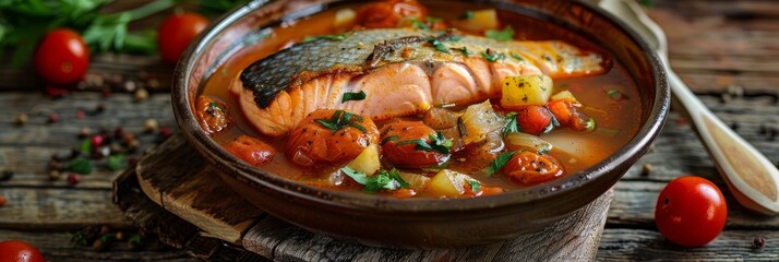 Red Fish Soup with Salmon and Pike Perch, Traditional Homemade Ukha, Bouillabaisse