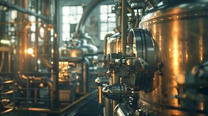 With a hazy backdrop of metallic parts and twisting pipes this behindthescenes shot captures the inner workings of the brewing system. .