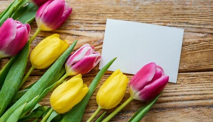 Tulip flowers with blank card on wooden background.Mother's celebration concept.
