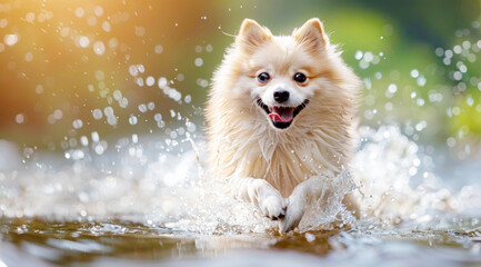 Obraz premium A happy White spitz dog running and splashing in the water near an idyllic lake,