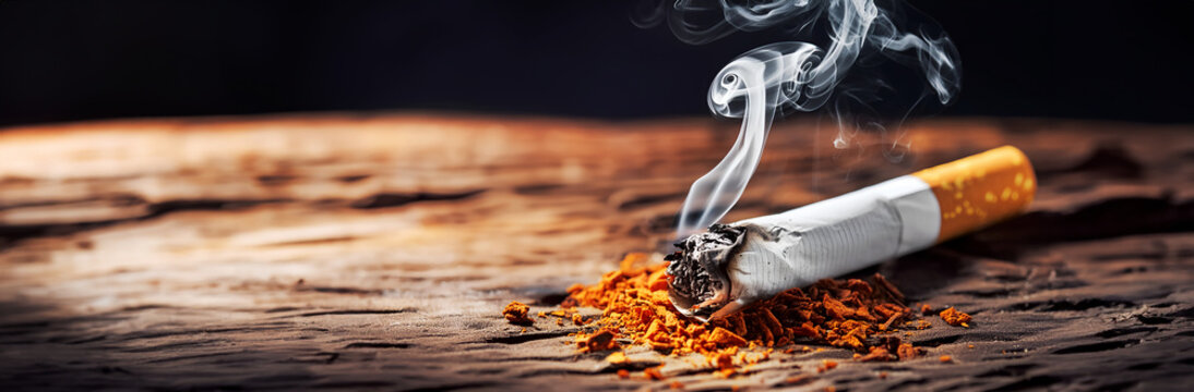 smoke of a burning cigarette on a wooden table, closeup cigarette, world no tobacco day concept, stop smoking, 