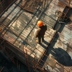 A construction worker wearing an orange helmet stands on a scaffolding