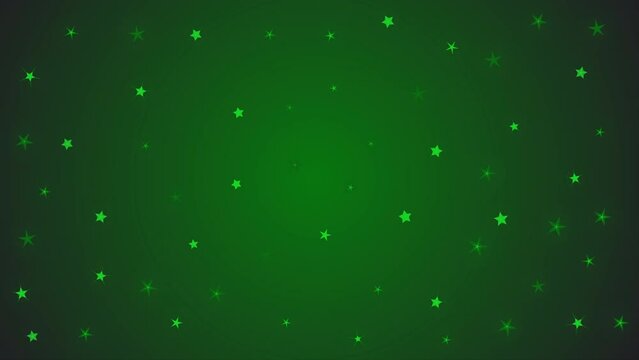 Green stars blinking on green vignette background. Marry Christmas background and Happy New Year. Festive birthday party, Christmas card or elegant nature eco, St. Patrick's day, or Easter and spring