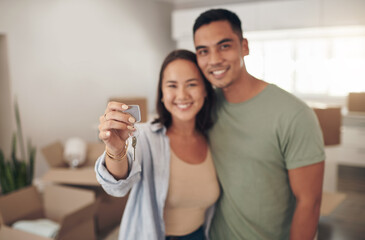 Portrait, couple and smile in new home with keys for moving in, satisfied and confident with ownership. House, relationship and happy with unpacking furniture, excited and positive with property - obrazy, fototapety, plakaty