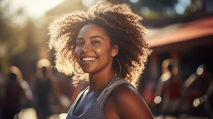 Radiant Woman with Afro Enjoying Sunset in Urban Setting
