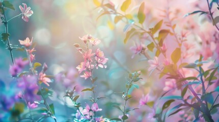 Defocused Soft pastel hues peek through a dense tangle of vines and leaves highlighting the delicate petals of wildflowers. As if in a dream the background fades away leaving the colorful .