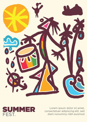 primitive dreadlock playing percussion athe beach on the summer sun. abstract prehistoric images reggae festival template poster vector illustration.