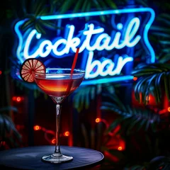 Fototapete Bar A neon sign for a cocktail bar with a glass of cocktail drink on a table  © Q77photo
