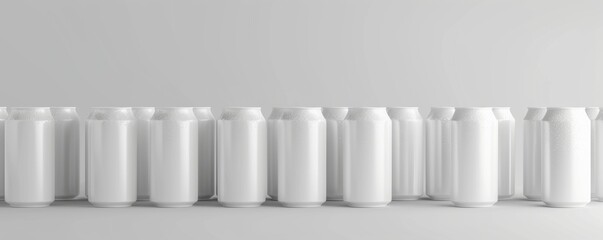 Row of blank aluminum cans on white background