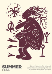 primitive percussion reggae man concept. abstract prehistoric images reggae festival template poster vector illustration.