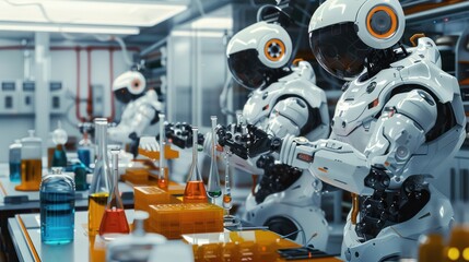 Group of Robots Working in a Factory - obrazy, fototapety, plakaty