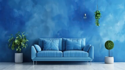 Image of a comfortable modern living room interior design and blue wall texture with 3D rendering