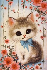 Cute Kitty With Big Eyes Wearing Blue Ribbon, Pink Flowers On The Background, Vintage Painting...
