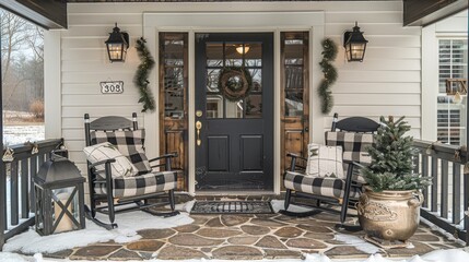 Naklejka premium Cozy Modern Farmhouse Front Porch: Black and White Plaid Rocking Chairs, Vintage Snow Decoration Garland, Lanterns, and Lantern Light Sconces