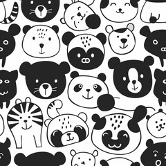 Obraz premium Seamless pattern of cartoon animal faces in black and white on white background.