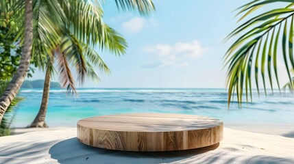 Summer product display on wooden podium at sea tropical beach. sandy beach with Palm trees and...