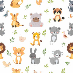 Obraz premium Seamless pattern of baby animals against a simple white background.
