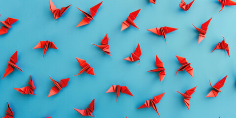 Vibrant Red Origami Birds in Flight on Blue Background with Copy Space for Text and Designs